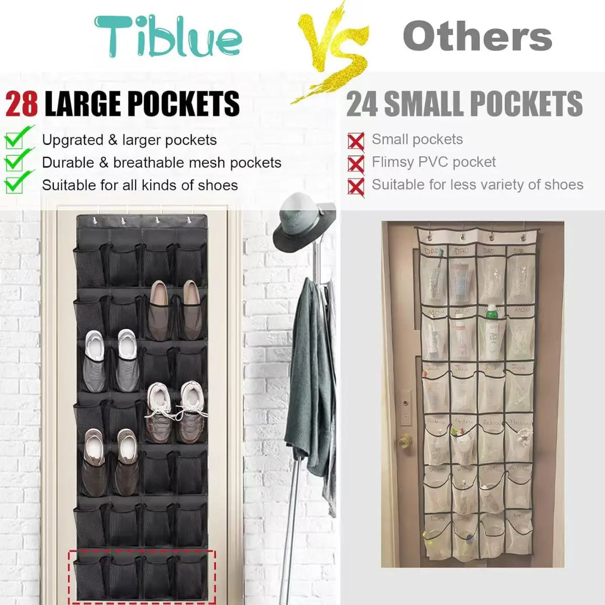 Comparison of Tiblue large pockets versus other small pockets in an over-the-door shoe organizer.
