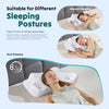A white ergonomic memory foam neck pillow is shown in various sleeping positions, including stomach and side sleeping.