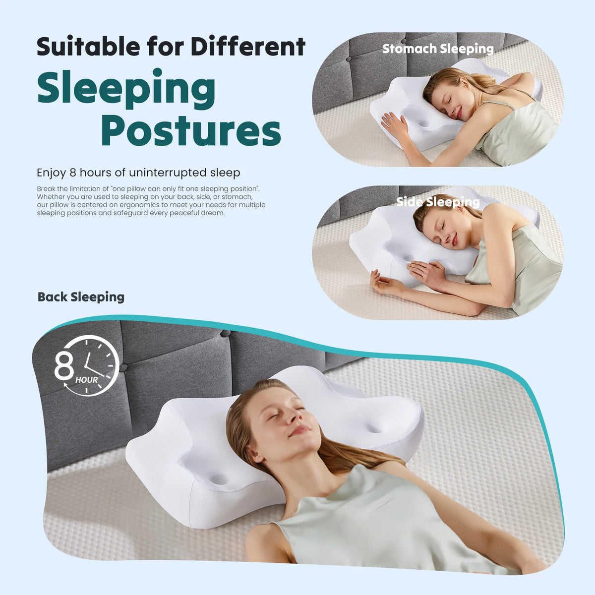 A white ergonomic memory foam neck pillow is shown in various sleeping positions, including stomach and side sleeping.