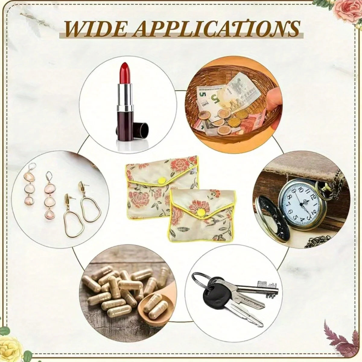 A collection of multi-color silk brocade jewelry pouches, makeup, earrings, and keys displayed on a white marble background.