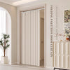 A cream colored folding magnetic partition door curtain installed in a light-colored interior doorway.