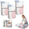 White vacuum storage bags for comforters and bedding displayed next to a woman.