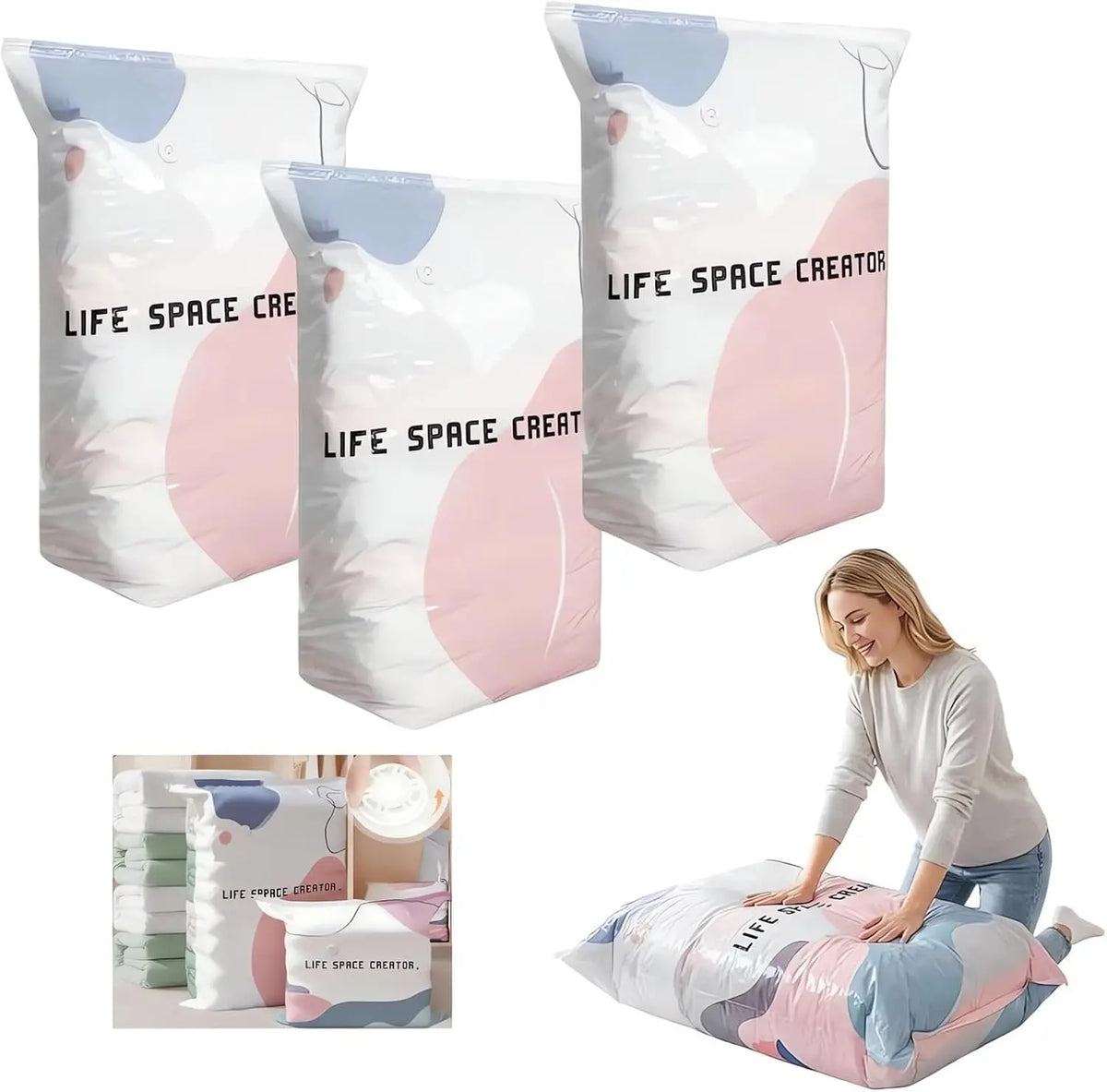 White vacuum storage bags for comforters and bedding displayed next to a woman.