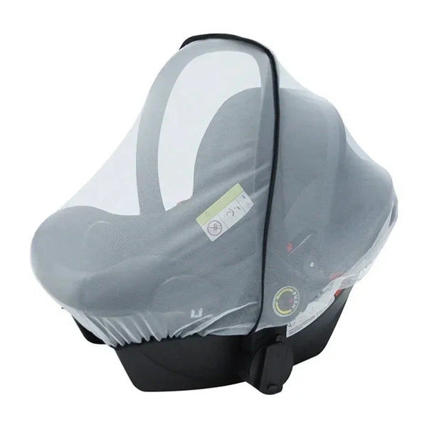 A gray universal mosquito net designed for baby strollers and car seats.