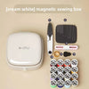 A white magnetic sewing box is shown with various magnetic sewing needles and thread spools.