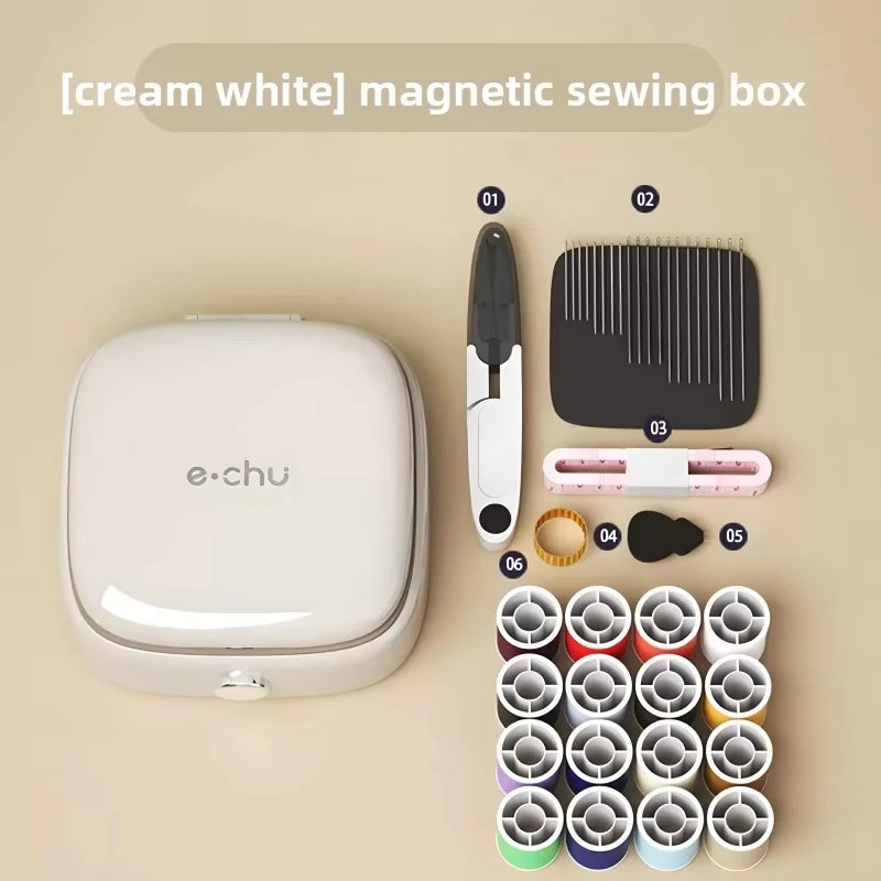 A white magnetic sewing box is shown with various magnetic sewing needles and thread spools.