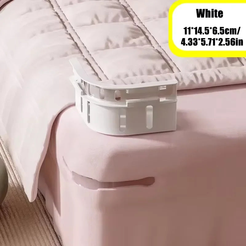 White non-slip bed sheet fasteners shown on a pink bed sheet.