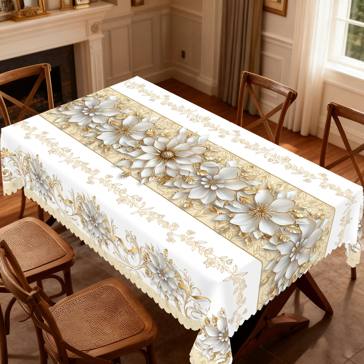 A white floral tablecloth with gold accents is displayed on a wooden table in a well-lit room.