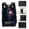 A black backpack featuring a portrait of Michael, with details showing double zippers, side pockets, an adjustment buckle, an