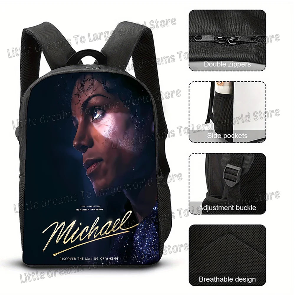A black backpack featuring a portrait of Michael, with details showing double zippers, side pockets, an adjustment buckle, an