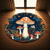 An oval rug featuring a dark blue and green botanical pattern of various mushrooms and leaves.