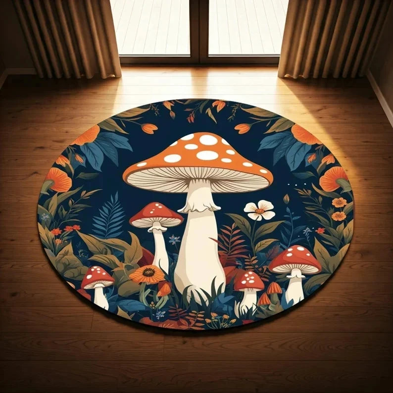 An oval rug featuring a dark blue and green botanical pattern of various mushrooms and leaves.