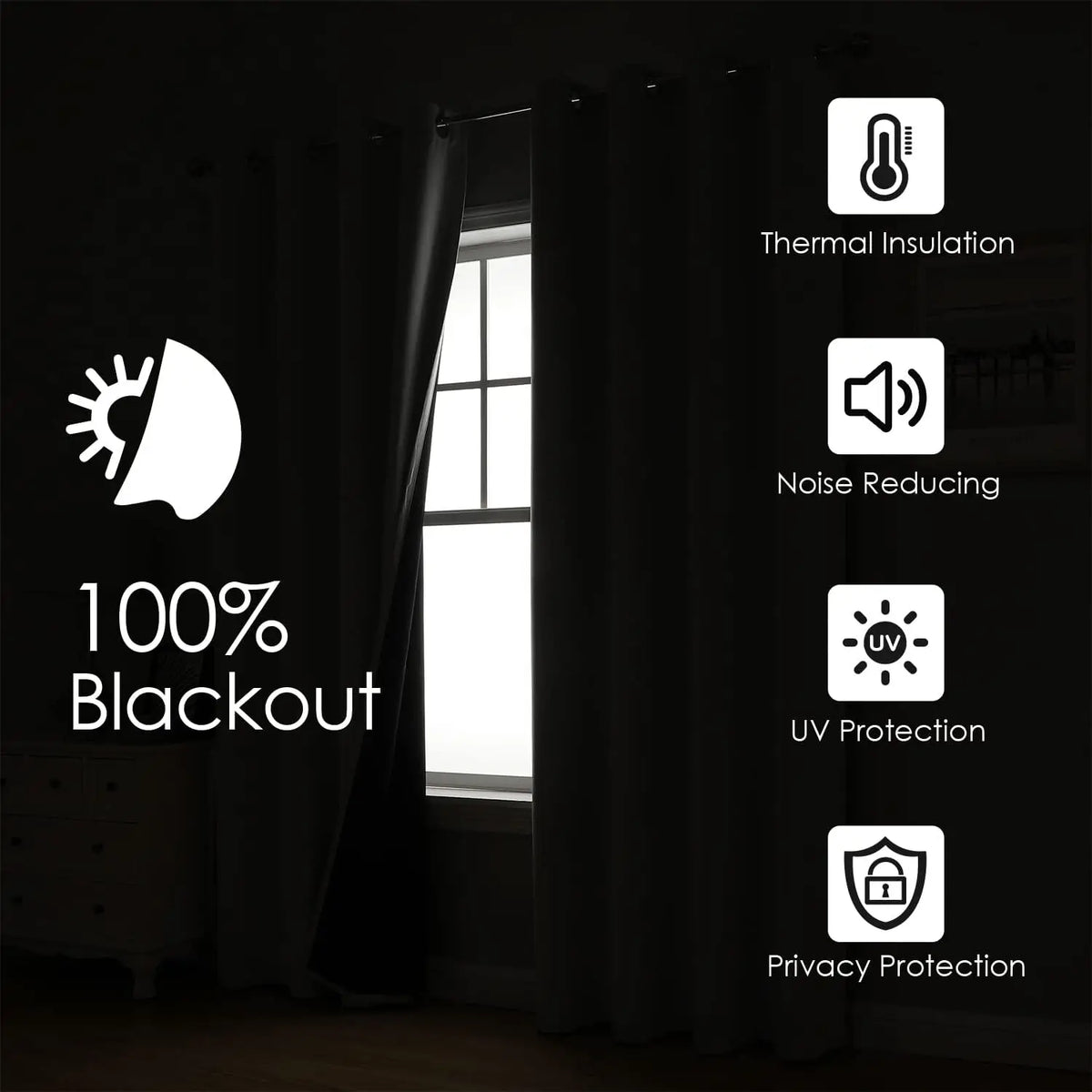 A set of black blackout thermal window drapes with icons indicating thermal insulation, noise reducing, UV protection, and pr