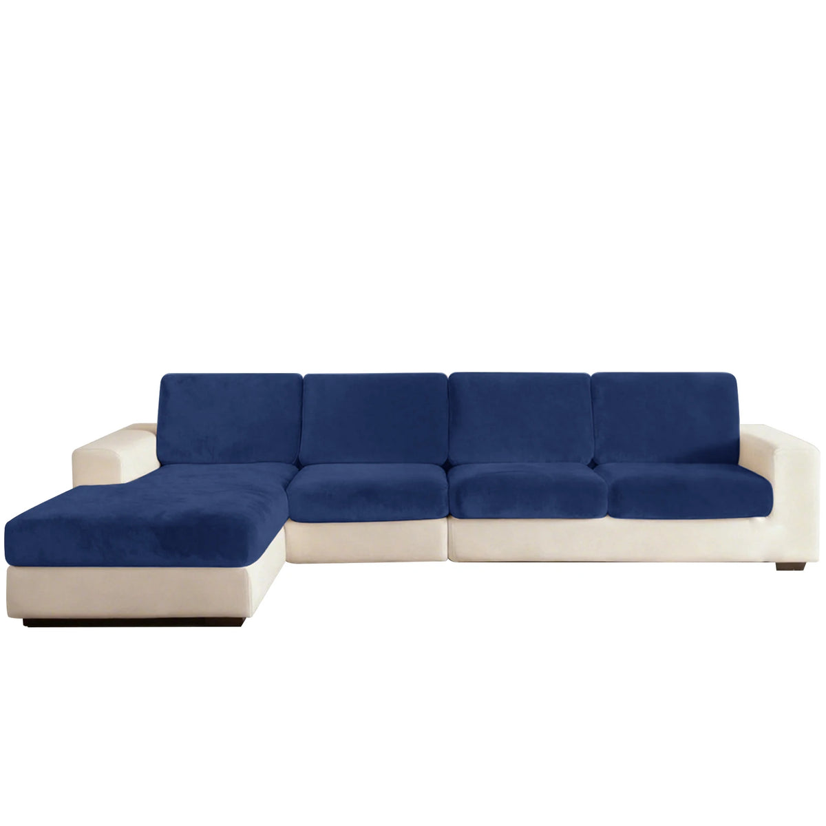 A modern navy blue sectional sofa with cream upholstery and seat cushions.