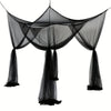 Black floor-to-ceiling mosquito net curtain draped over a frame.