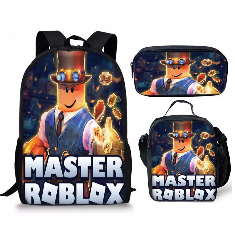 A set of three black backpacks featuring a cartoon wizard character on the front.