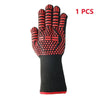 A single pair of black and red heat resistant BBQ gloves with a non-slip silicone grip.