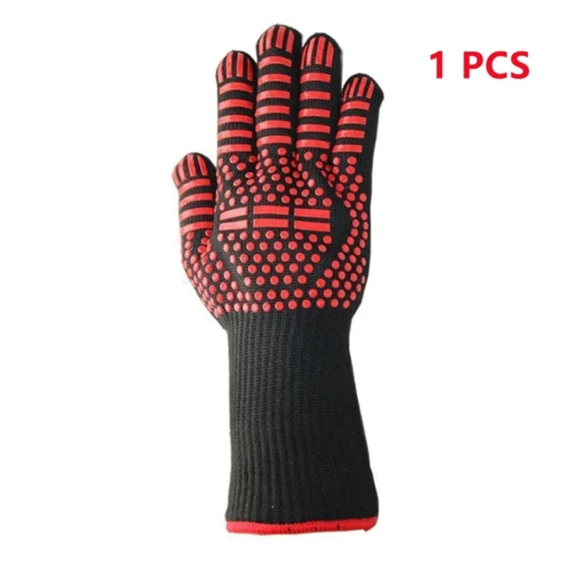 A single pair of black and red heat resistant BBQ gloves with a non-slip silicone grip.