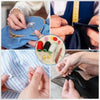 Close-up shots showing hands using a precision sewing kit with needles, thimble, and threader on fabric.