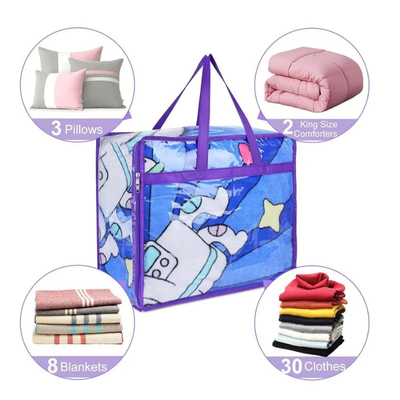Extra large purple storage bag containing pillows, comforters, blankets, and clothes.