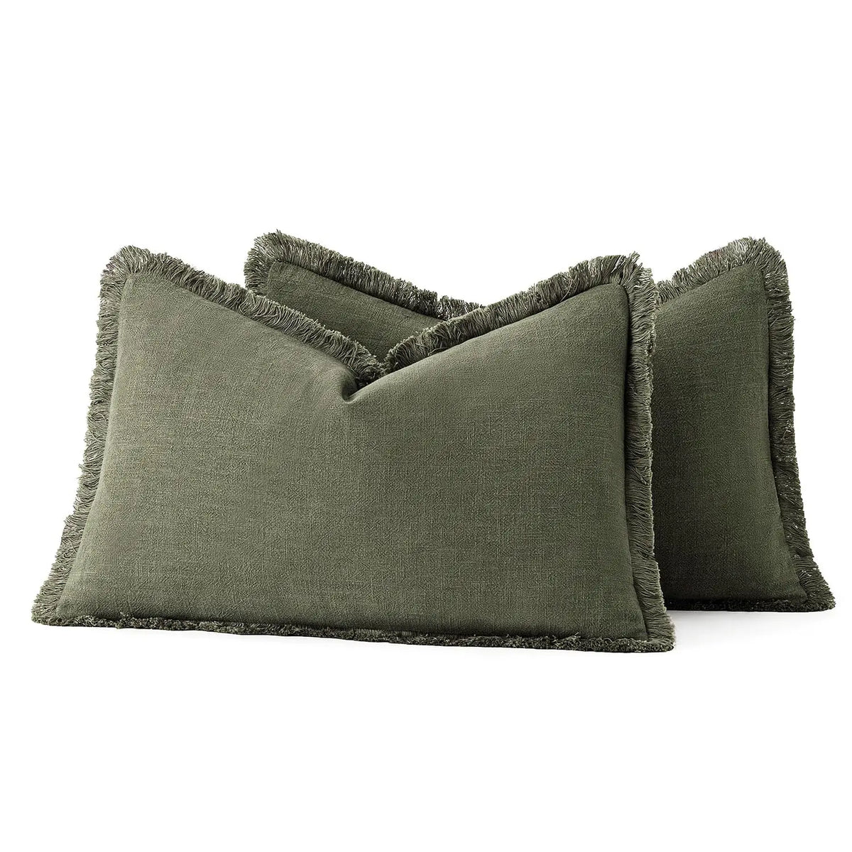 A dark olive green linen throw pillow cover with a fringed edge.