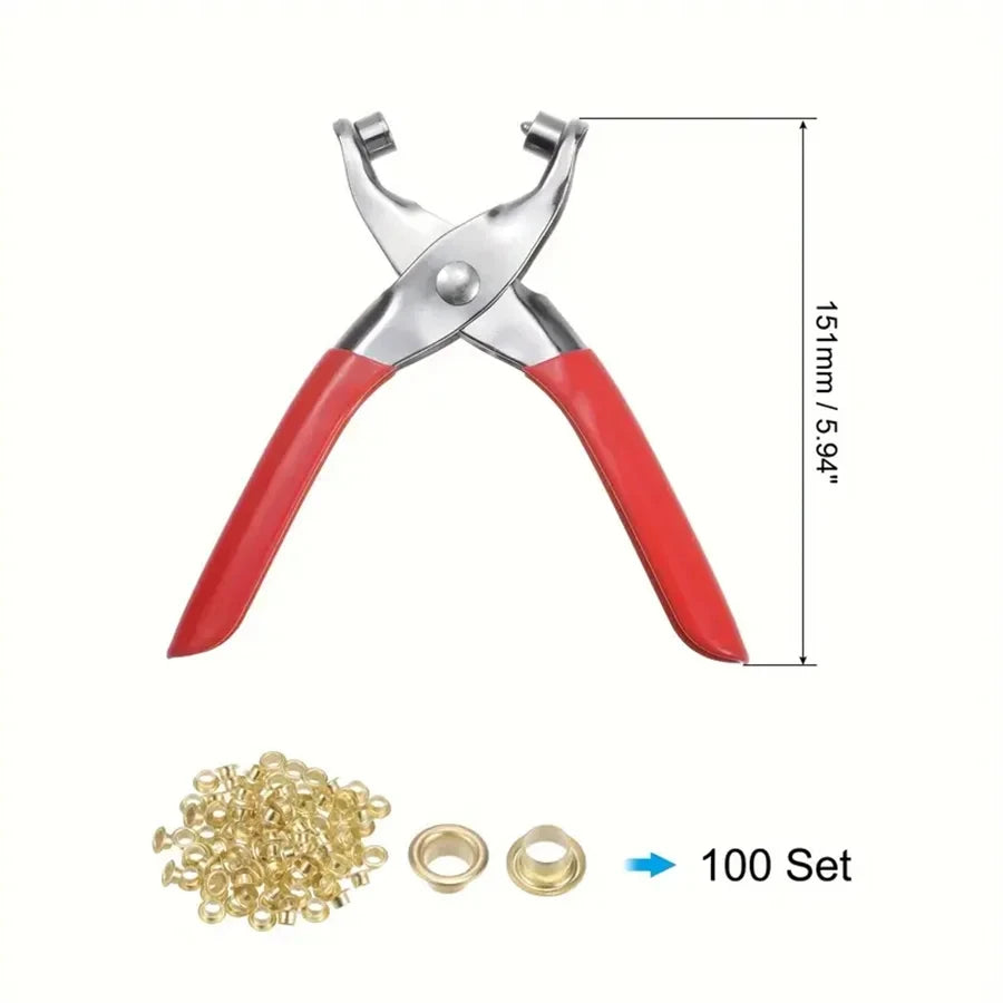 A pair of red and silver eyelet punch pliers with a measurement scale and a set of 100 gold-colored grommets.