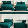 A set of deep teal quilted bedding shown from front, back, angle, and side views.