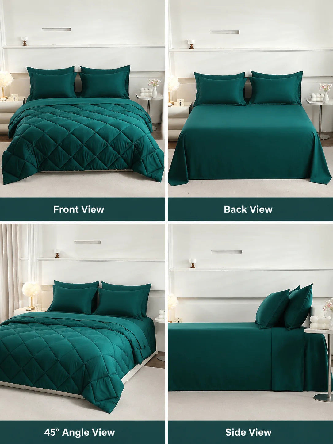 A set of deep teal quilted bedding shown from front, back, angle, and side views.