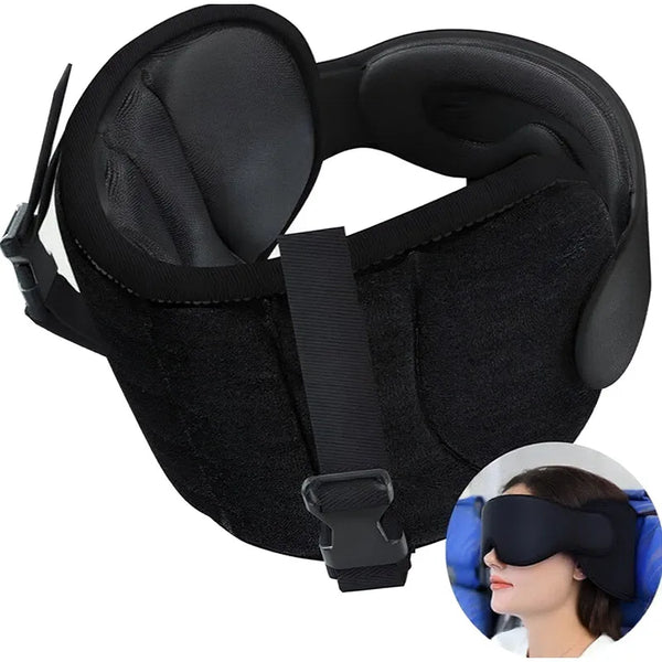 Black travel neck pillow and eye mask set with a strap shown next to a woman