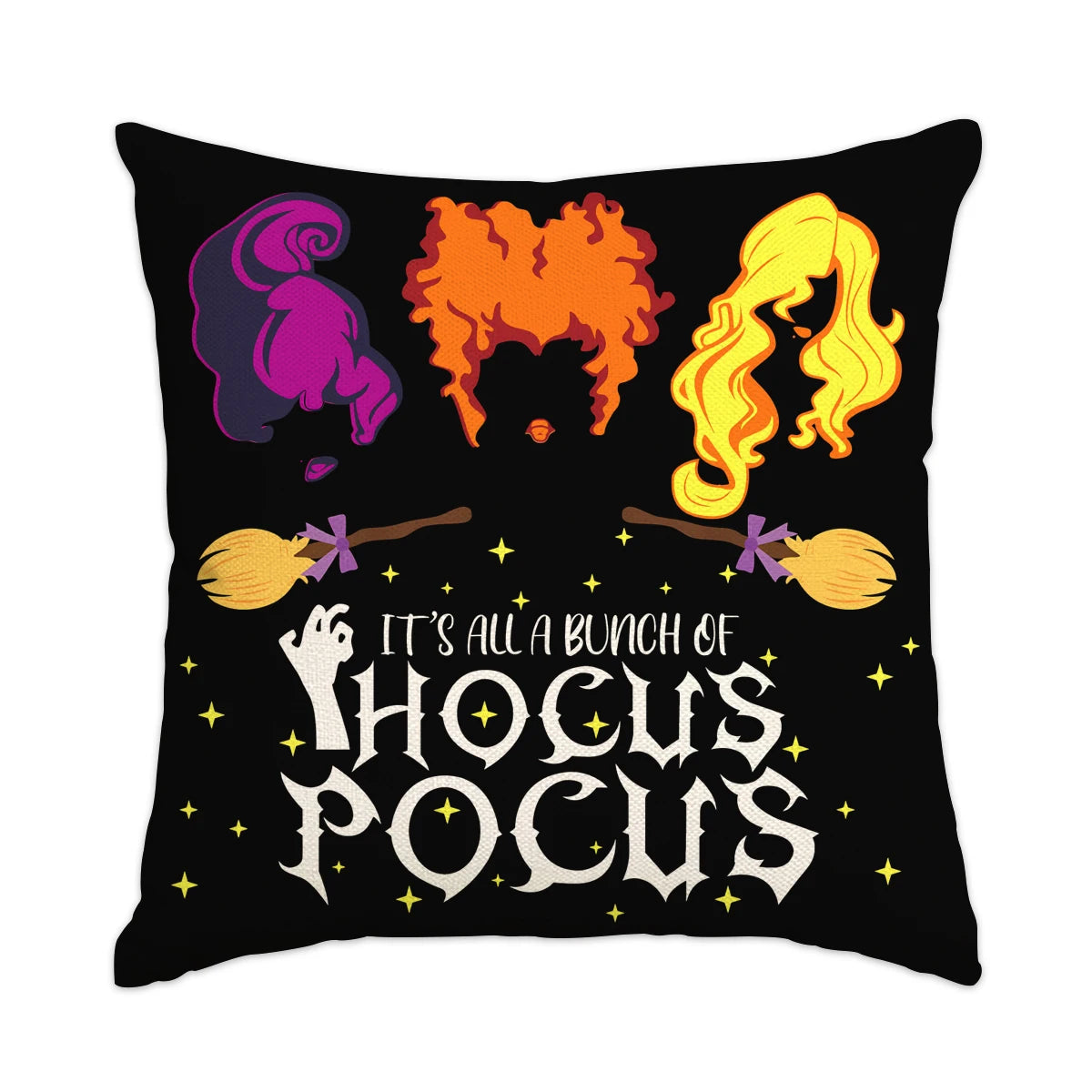 A black pillow featuring a graphic design with the text It's a bunch of Hocus Pocus and stylized hair.