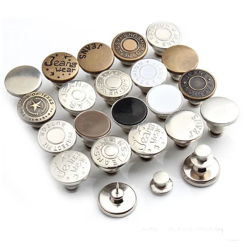 A collection of durable metal button pins featuring various designs and finishes for clothing repair and customization.