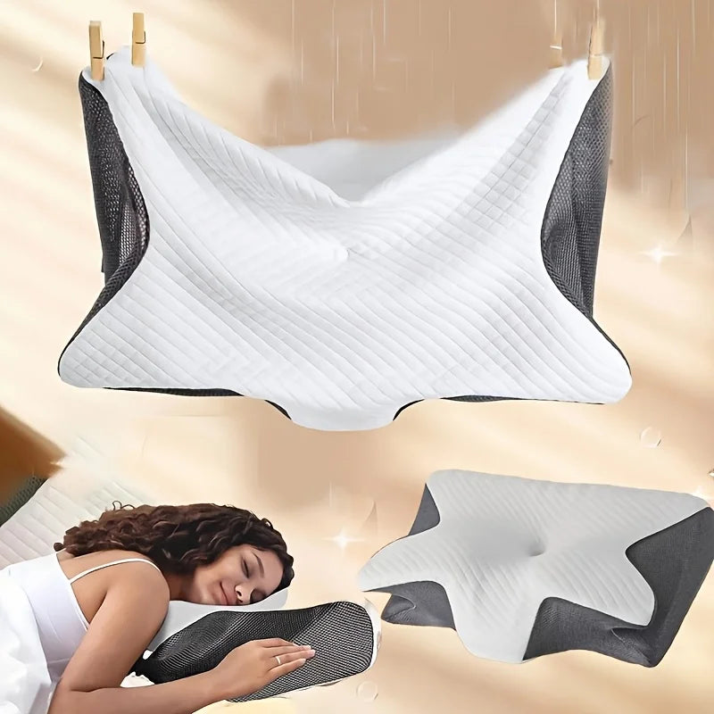 White memory foam pillowcase with gray mesh support visible in use and separate view.