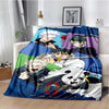 A blue and white anime-themed throw blanket featuring characters from Jujutsu Kaisen