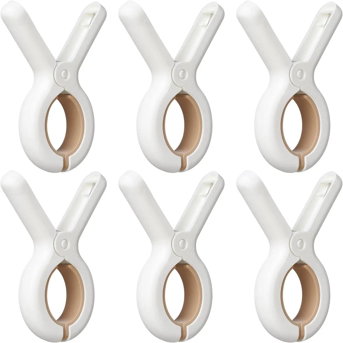 A set of white heavy-duty plastic clothespins with rust-resistant springs shown in various angles.
