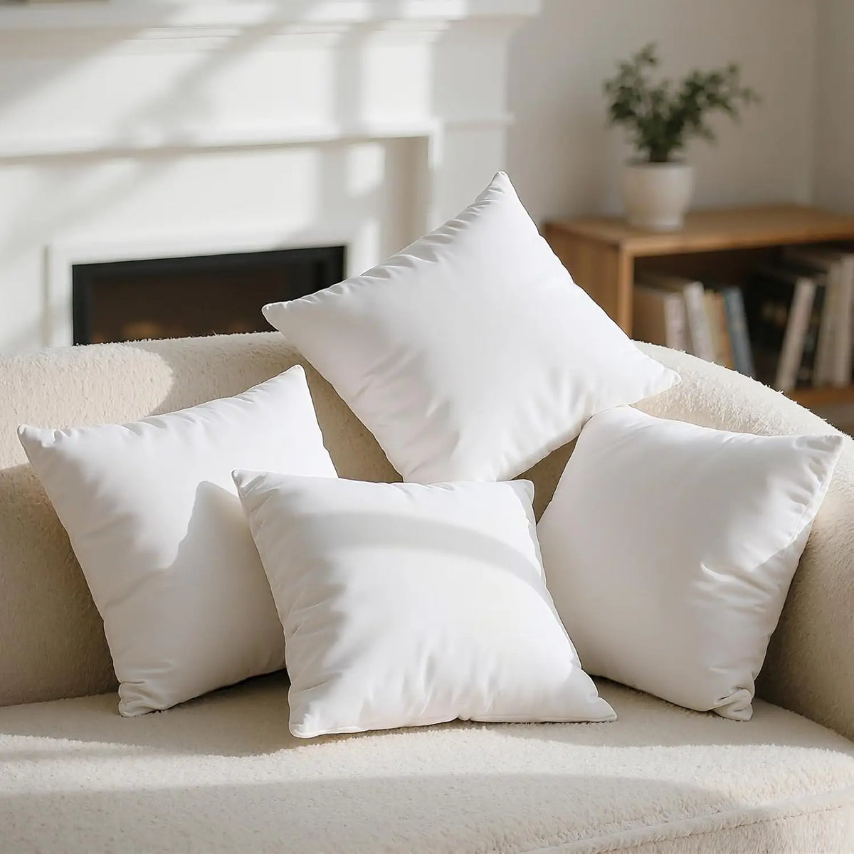 A collection of white throw pillows arranged on a light-colored sofa near a fireplace.