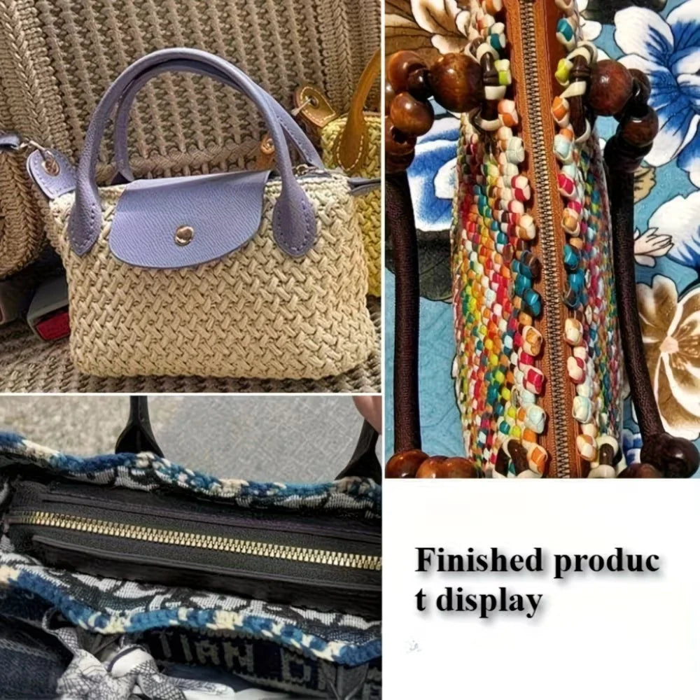 Close-up display of a purple PU leather zipper frame used for handmade crochet bags.
