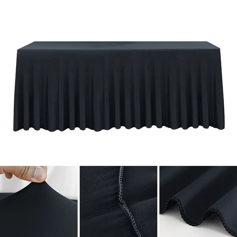 Black stretchable waterproof rectangle tablecloth draped over a table.