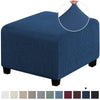 Navy blue square jacquard footrest ottoman slipcover with a textured fabric.