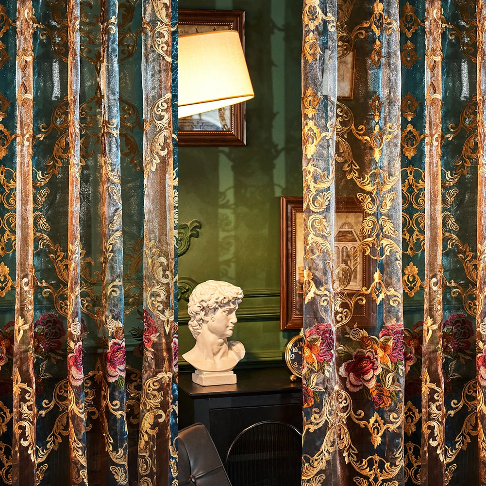 Neoclassical sheer curtains with floral embroidery draped in a richly textured teal fabric.