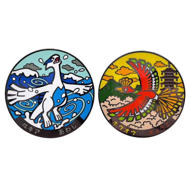 Metal brooch pin featuring Ho-Oh and Lugia designs on circular enamel backgrounds