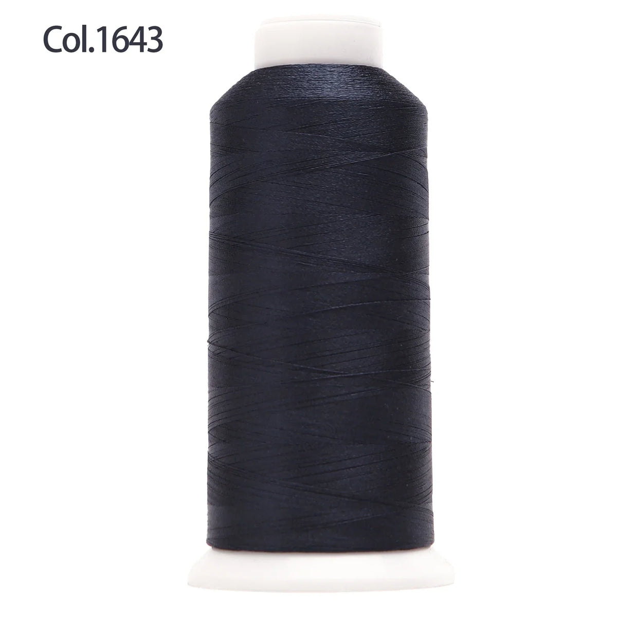 A spool of dark navy blue embroidery thread labeled Col.1643