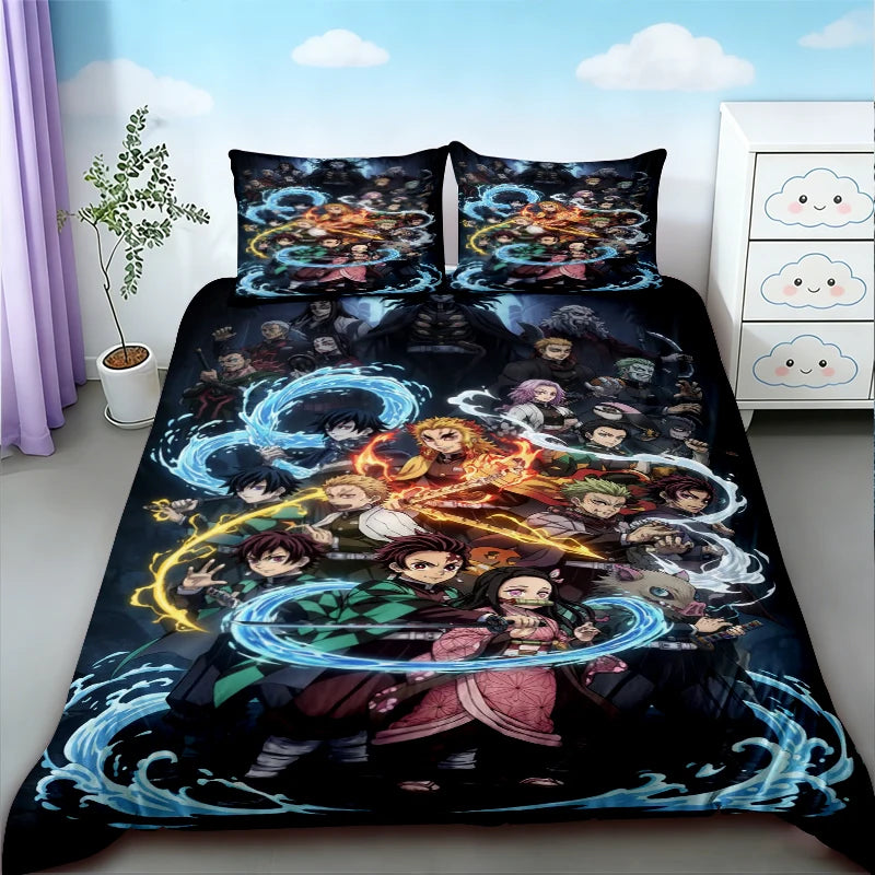 Anime Demon Slayer duvet cover set featuring a dark background with characters surrounded by blue and orange energy effects