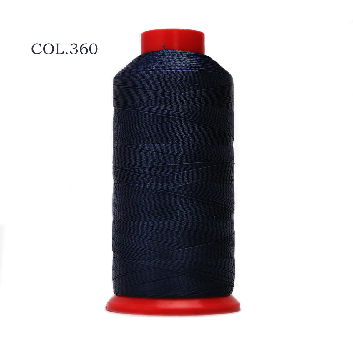 A spool of dark blue heavy duty nylon sewing thread with a red cap.