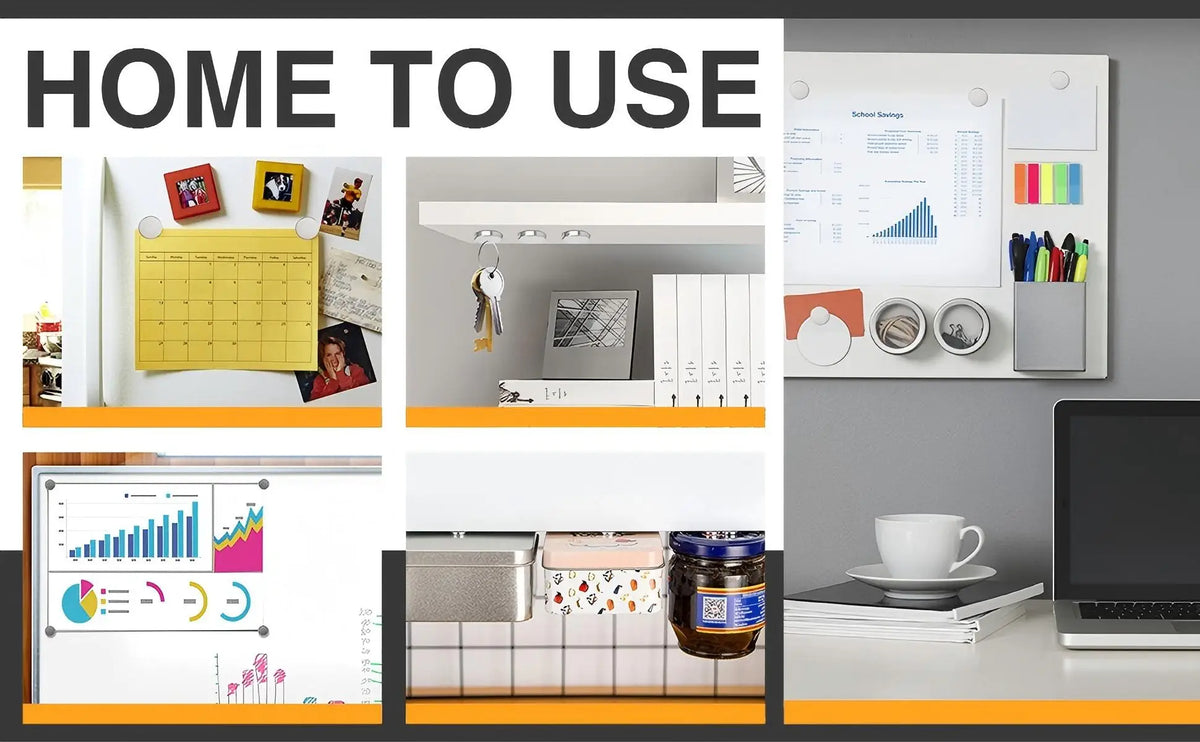 A display showing various magnetic fridge magnets used for home to use organization and storage.