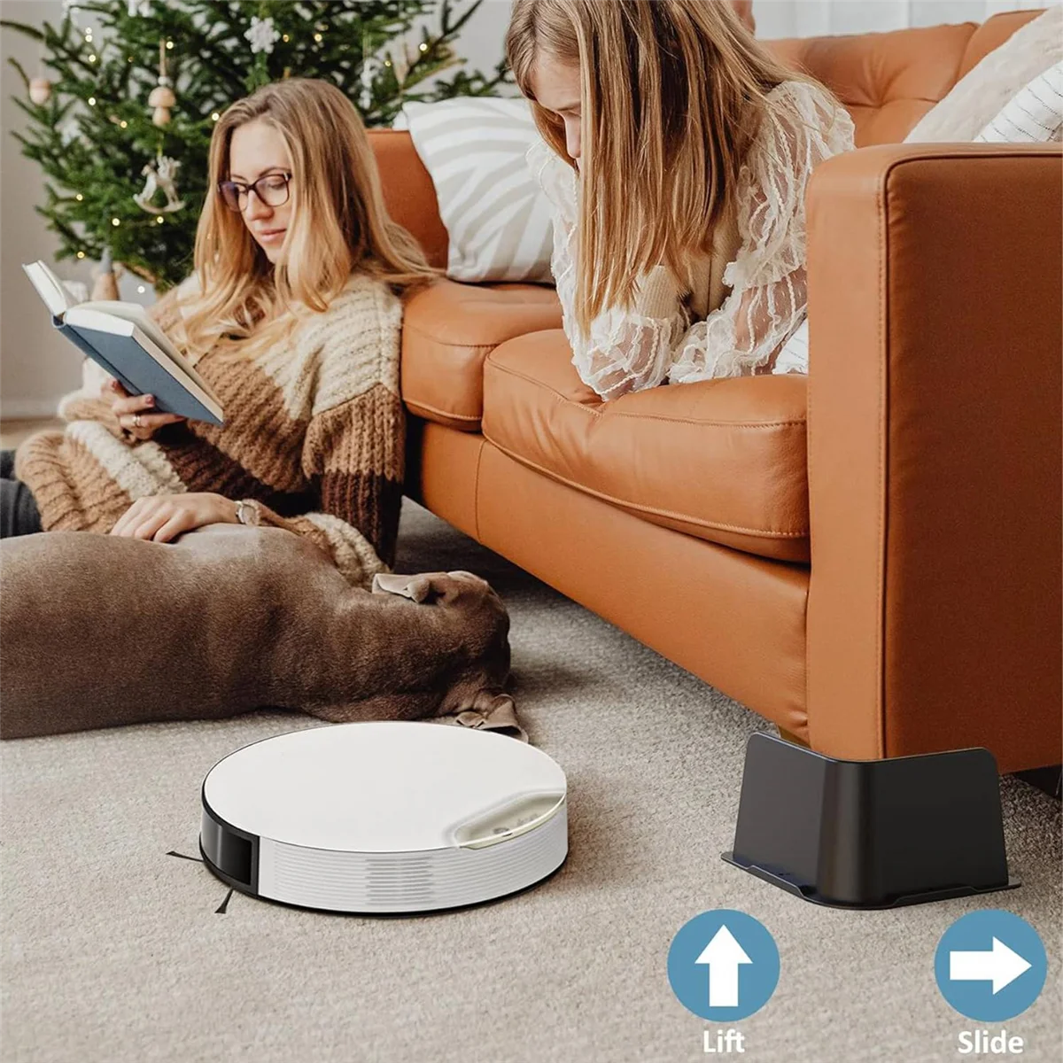 A brown dog rests on a beige carpet in front of an orange leather sofa with a white electronic device for lifting or sliding.