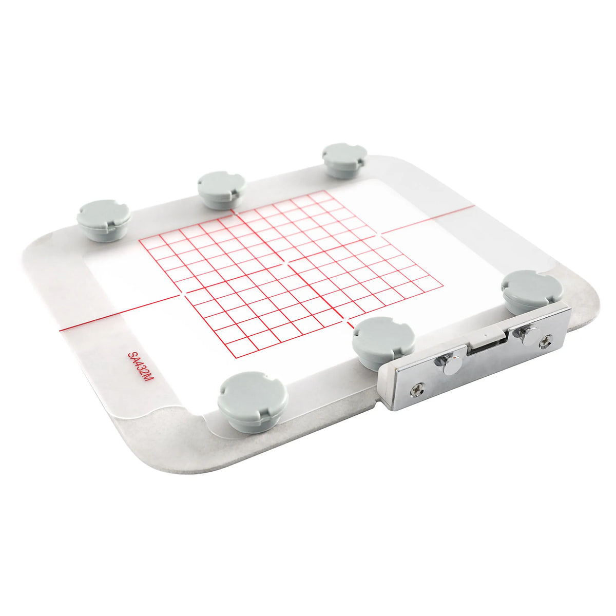A magnetic embroidery hoop set with a clear plastic frame and several magnetic attachments for sewing machines.
