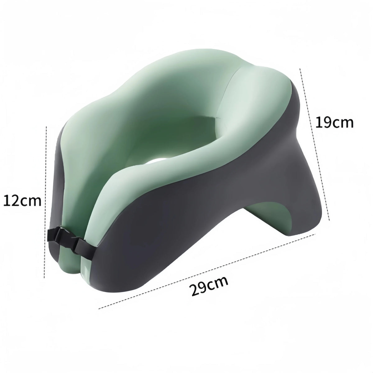 A light green memory foam U-shaped travel neck pillow shown from the side with dimensions labeled.