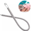 A silver adjustable spring drawstring threader clip with a loop and a silicone tip is shown.