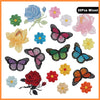 A set of 20 mixed embroidered iron-on patches featuring various flowers and butterflies in shades of pink, blue, yellow, and 