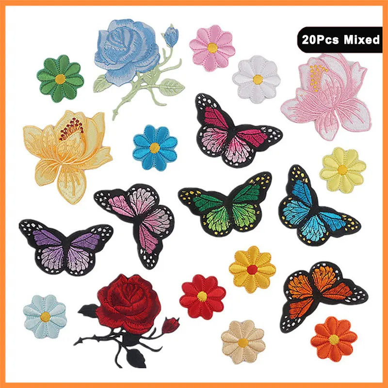 A set of 20 mixed embroidered iron-on patches featuring various flowers and butterflies in shades of pink, blue, yellow, and 